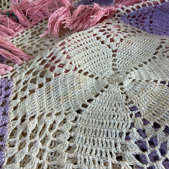 VTG Handmade Crochet Blanket Throw Spring Pastel Tassel Fringe Trim 82'' x 82'' - Picture 8 of 11